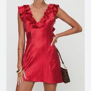 Princess Polly Red Ruffle V-Neck Sateen style Women’s Dress. 2
